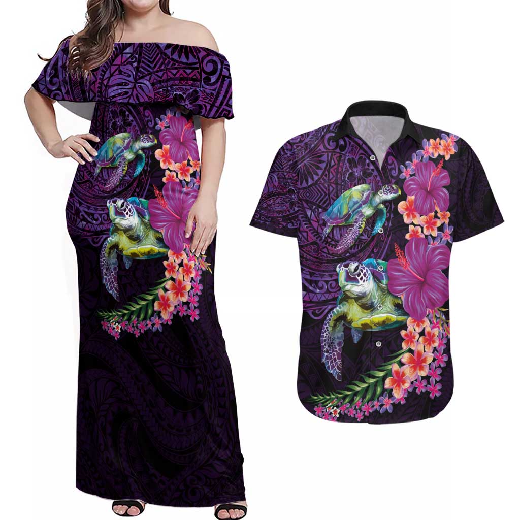 Hawaiian Plumeria and Hibiscus with Turtles Couples Matching Off Shoulder Maxi Dress and Hawaiian Shirt Polynesian Art Purple Color - Polynesian Pride