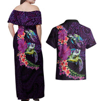 Hawaiian Plumeria and Hibiscus with Turtles Couples Matching Off Shoulder Maxi Dress and Hawaiian Shirt Polynesian Art Purple Color - Polynesian Pride