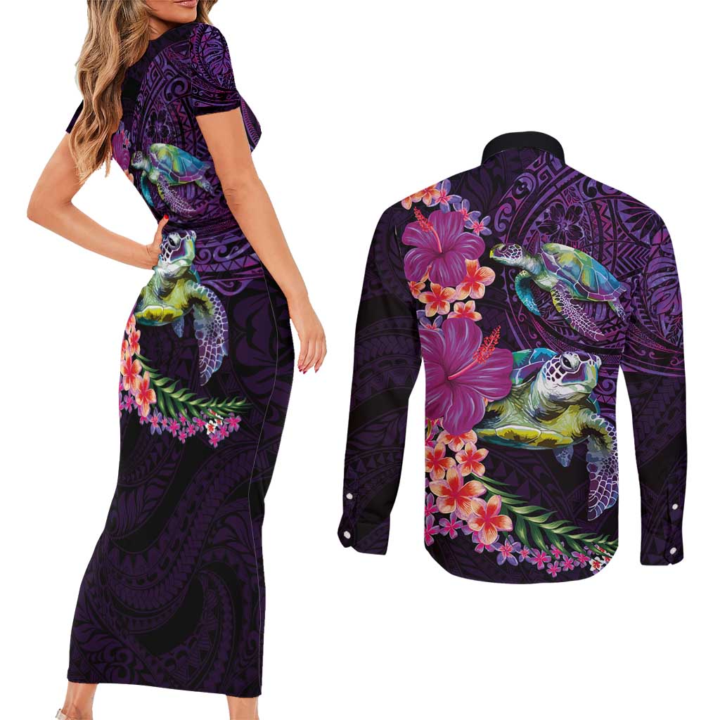 Hawaiian Plumeria and Hibiscus with Turtles Couples Matching Short Sleeve Bodycon Dress and Long Sleeve Button Shirt Polynesian Art Purple Color - Polynesian Pride