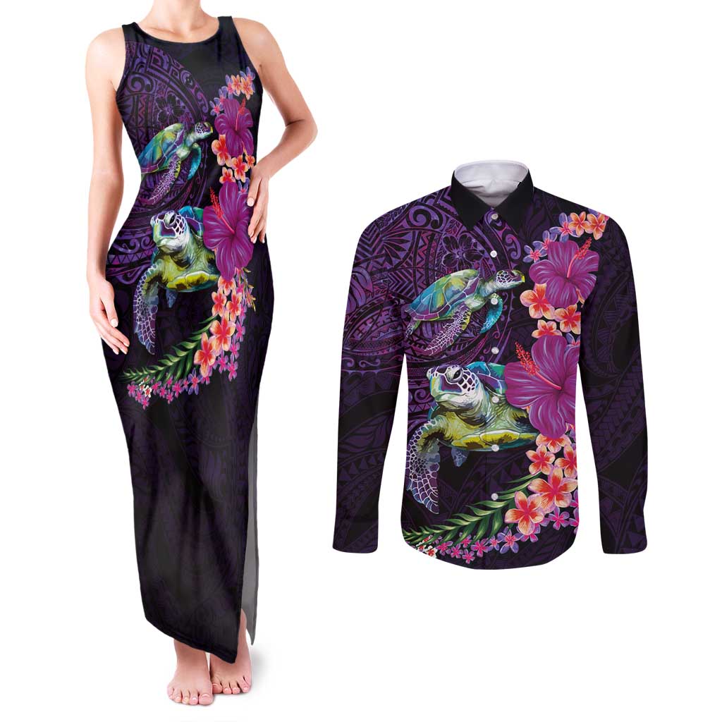 Hawaiian Plumeria and Hibiscus with Turtles Couples Matching Tank Maxi Dress and Long Sleeve Button Shirt Polynesian Art Purple Color - Polynesian Pride