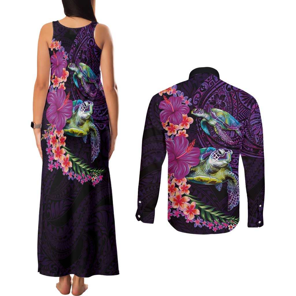 Hawaiian Plumeria and Hibiscus with Turtles Couples Matching Tank Maxi Dress and Long Sleeve Button Shirt Polynesian Art Purple Color - Polynesian Pride