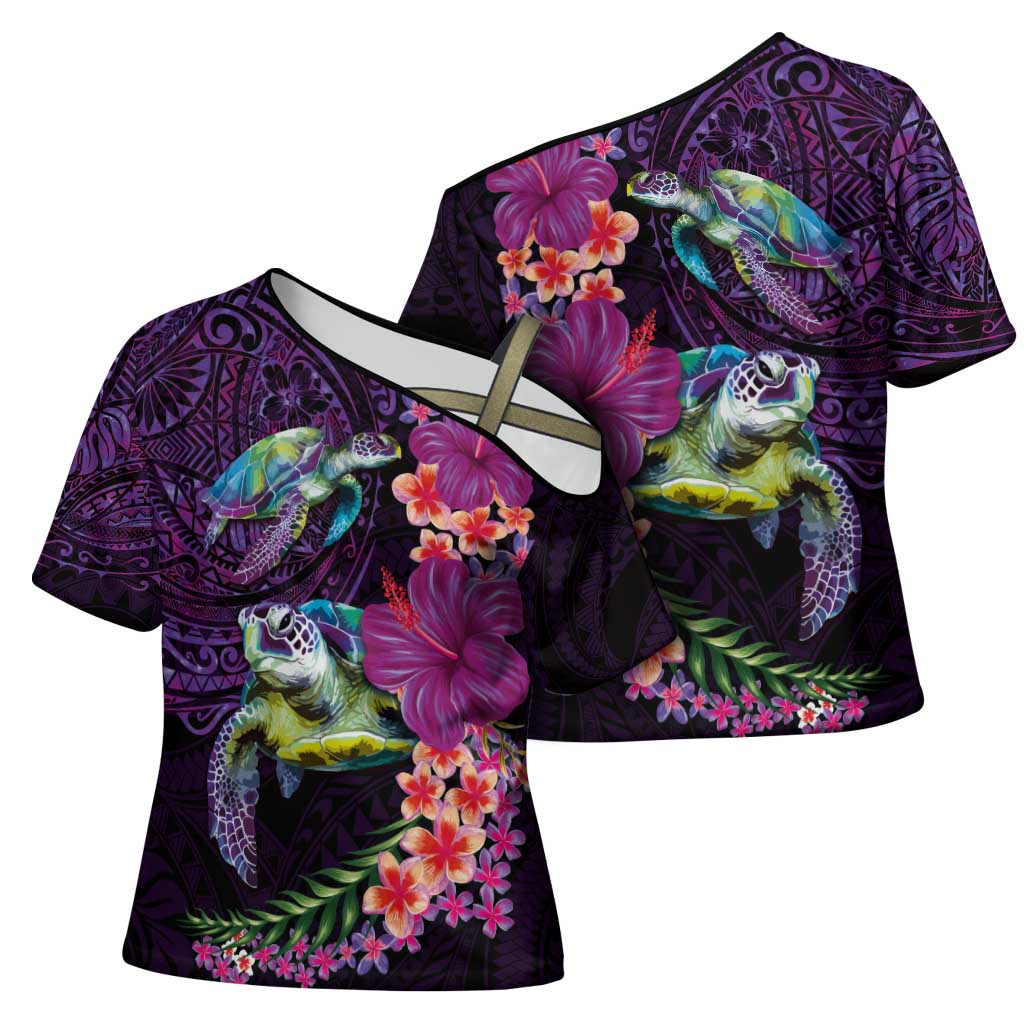 Hawaiian Plumeria and Hibiscus with Turtles Cross Shoulder Shirt Polynesian Art Purple Color - Polynesian Pride
