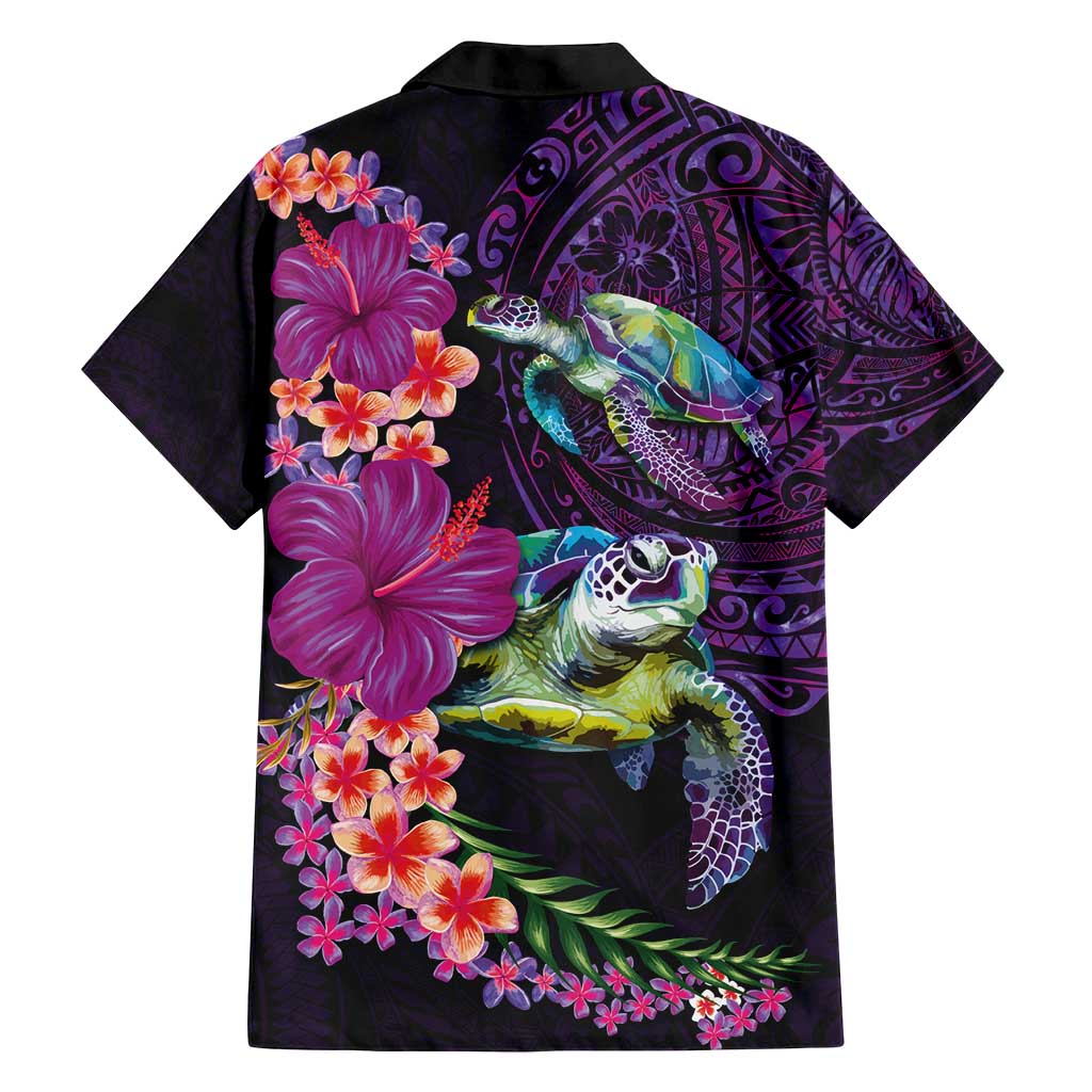 Hawaiian Plumeria and Hibiscus with Turtles Family Matching Long Sleeve Bodycon Dress and Hawaiian Shirt Polynesian Art Purple Color - Polynesian Pride