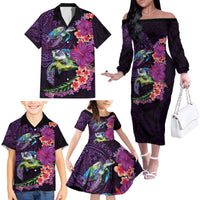 Hawaiian Plumeria and Hibiscus with Turtles Family Matching Off The Shoulder Long Sleeve Dress and Hawaiian Shirt Polynesian Art Purple Color - Polynesian Pride
