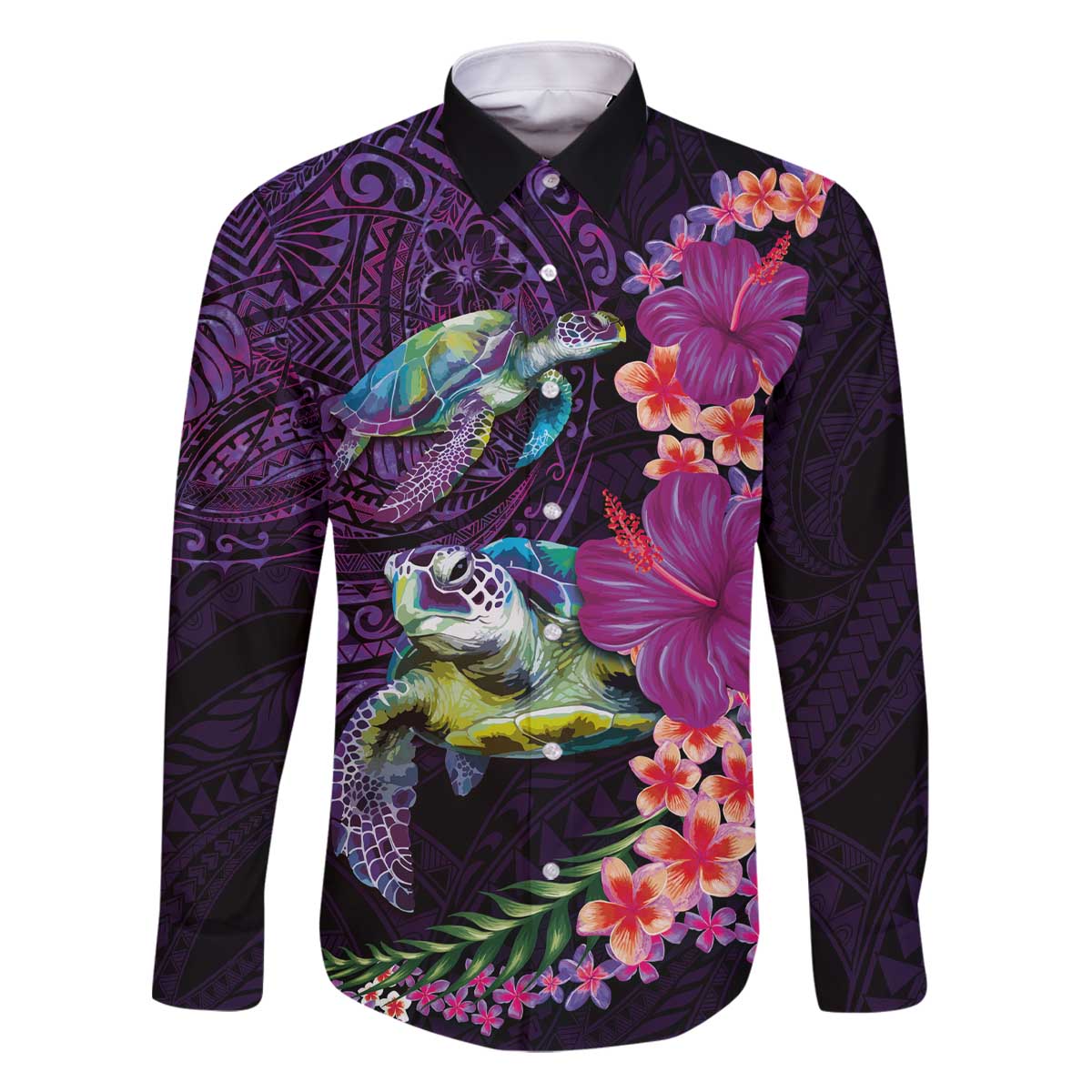 Hawaiian Plumeria and Hibiscus with Turtles Family Matching Off The Shoulder Long Sleeve Dress and Hawaiian Shirt Polynesian Art Purple Color - Polynesian Pride