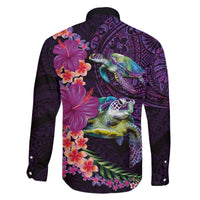 Hawaiian Plumeria and Hibiscus with Turtles Family Matching Off The Shoulder Long Sleeve Dress and Hawaiian Shirt Polynesian Art Purple Color - Polynesian Pride