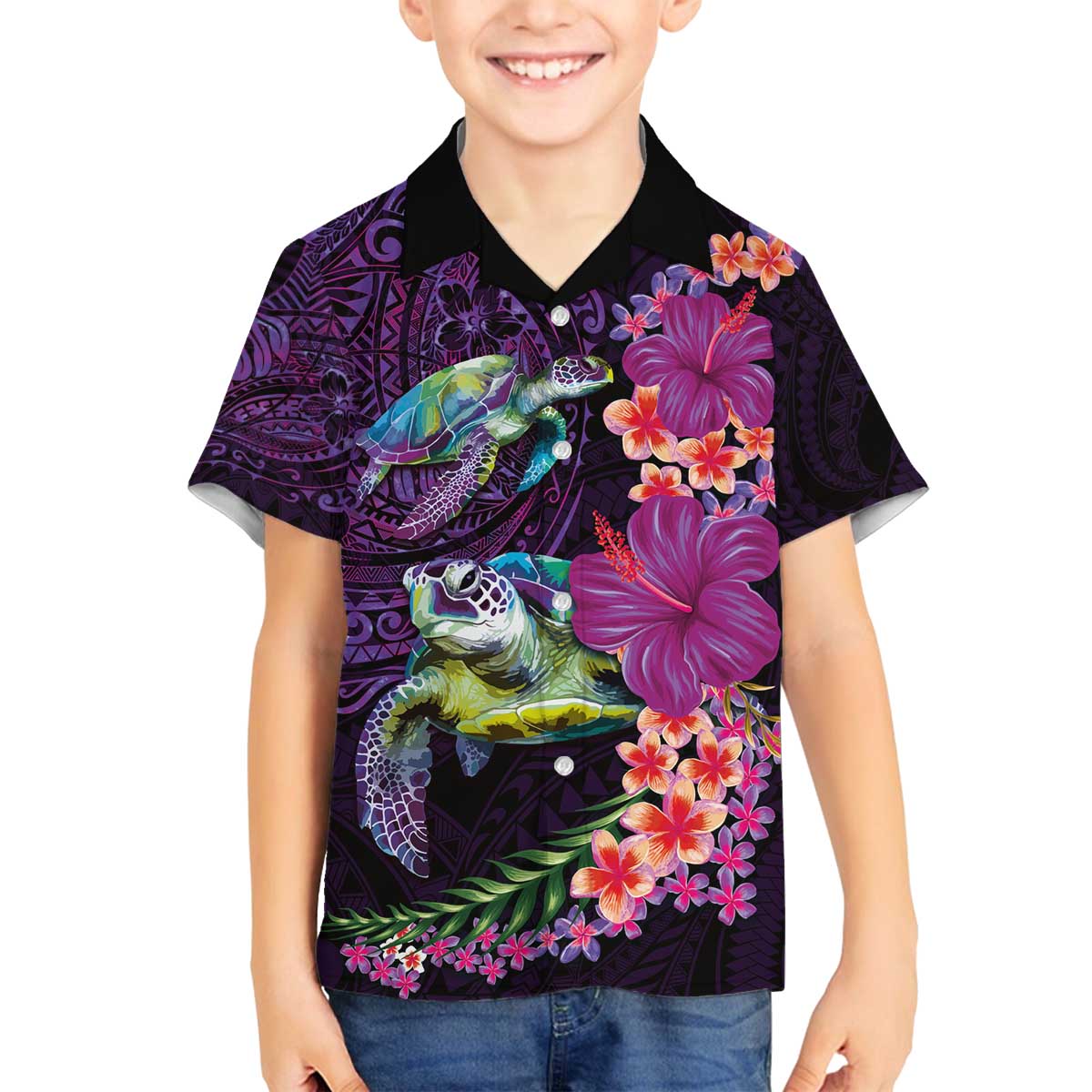 Hawaiian Plumeria and Hibiscus with Turtles Family Matching Off The Shoulder Long Sleeve Dress and Hawaiian Shirt Polynesian Art Purple Color - Polynesian Pride