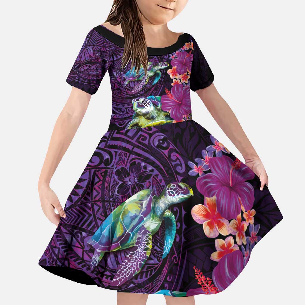 Hawaiian Plumeria and Hibiscus with Turtles Family Matching Off Shoulder Maxi Dress and Hawaiian Shirt Polynesian Art Purple Color - Polynesian Pride
