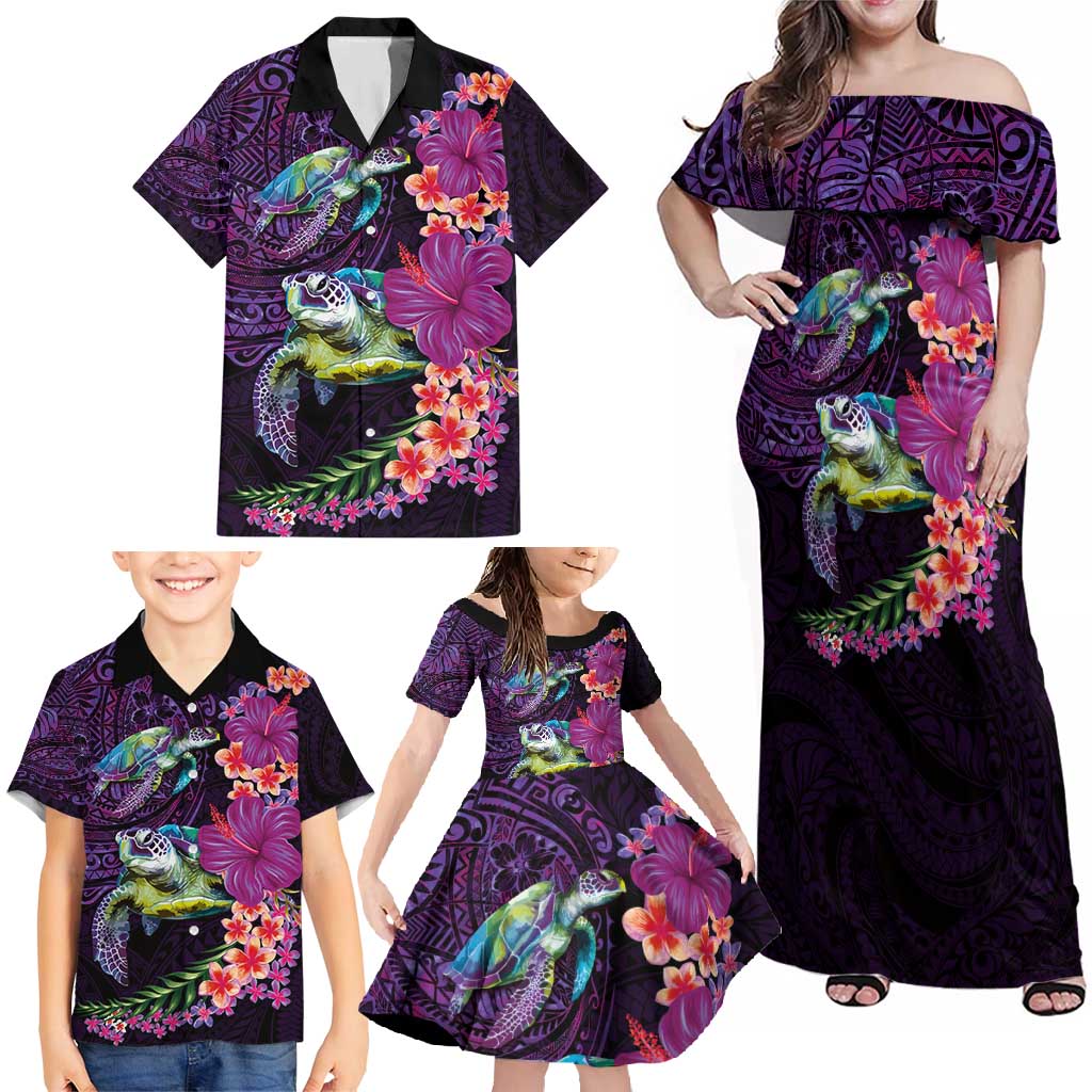 Hawaiian Plumeria and Hibiscus with Turtles Family Matching Off Shoulder Maxi Dress and Hawaiian Shirt Polynesian Art Purple Color - Polynesian Pride