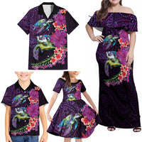 Hawaiian Plumeria and Hibiscus with Turtles Family Matching Off Shoulder Maxi Dress and Hawaiian Shirt Polynesian Art Purple Color - Polynesian Pride