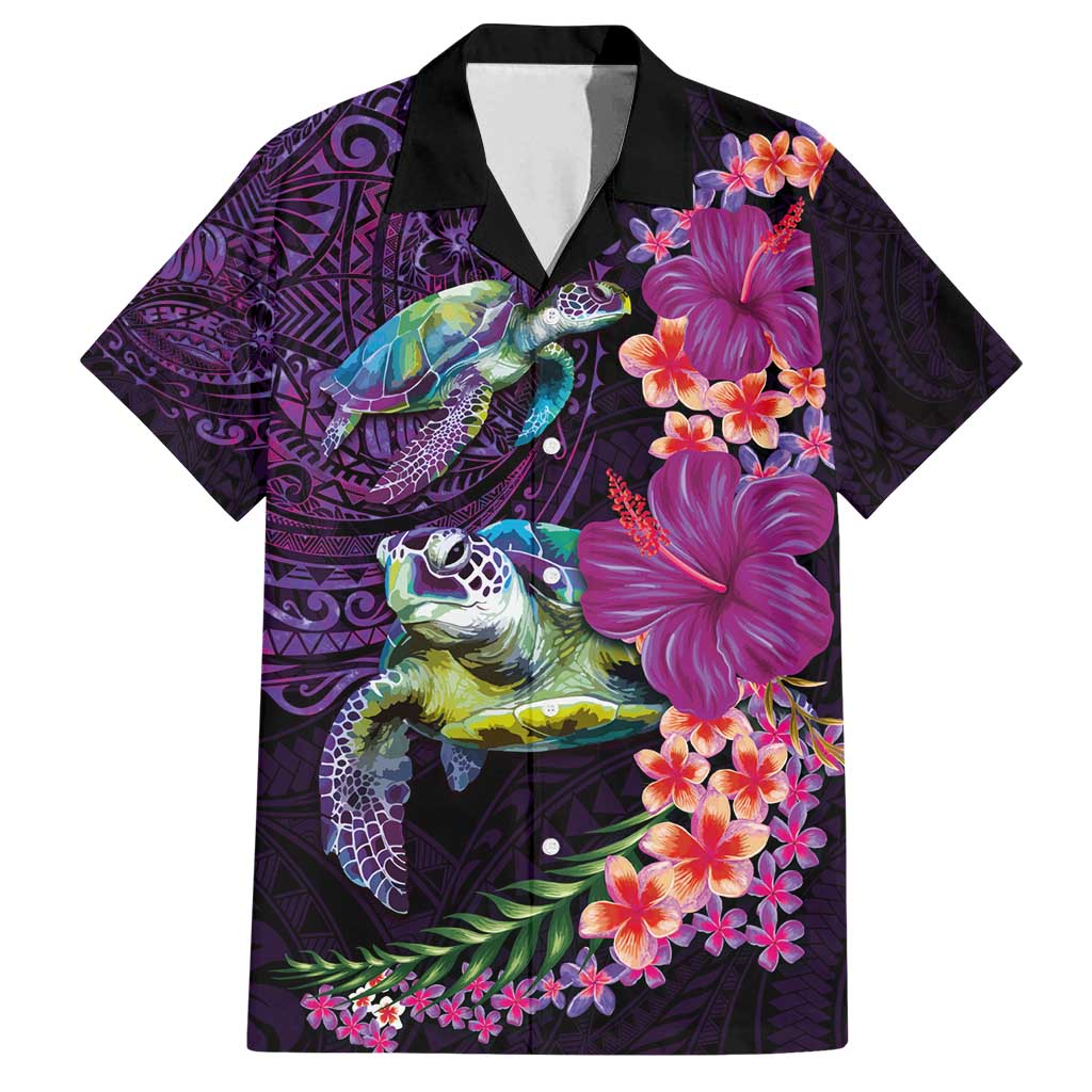 Hawaiian Plumeria and Hibiscus with Turtles Family Matching Off Shoulder Short Dress and Hawaiian Shirt Polynesian Art Purple Color - Polynesian Pride