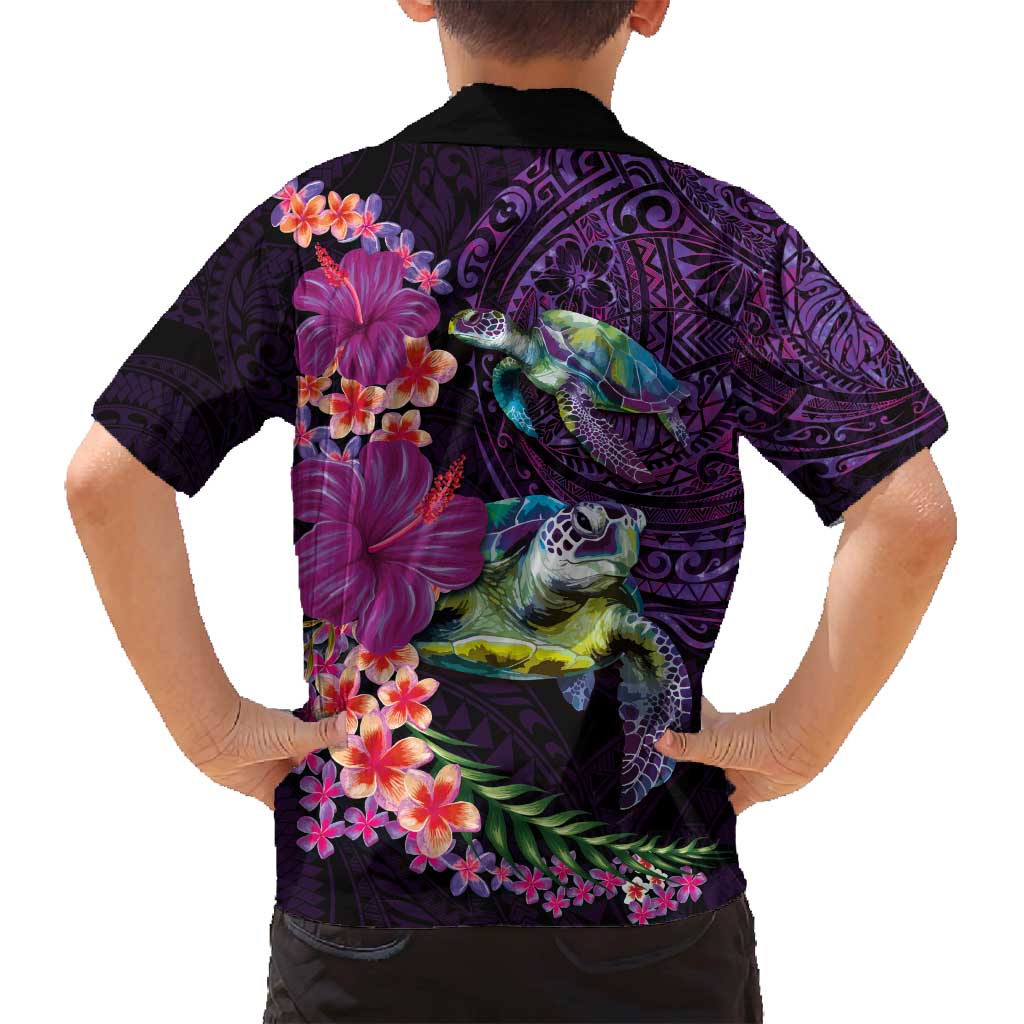 Hawaiian Plumeria and Hibiscus with Turtles Family Matching Puletasi and Hawaiian Shirt Polynesian Art Purple Color - Polynesian Pride