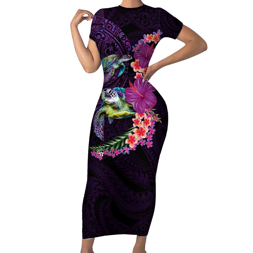Hawaiian Plumeria and Hibiscus with Turtles Family Matching Short Sleeve Bodycon Dress and Hawaiian Shirt Polynesian Art Purple Color - Polynesian Pride