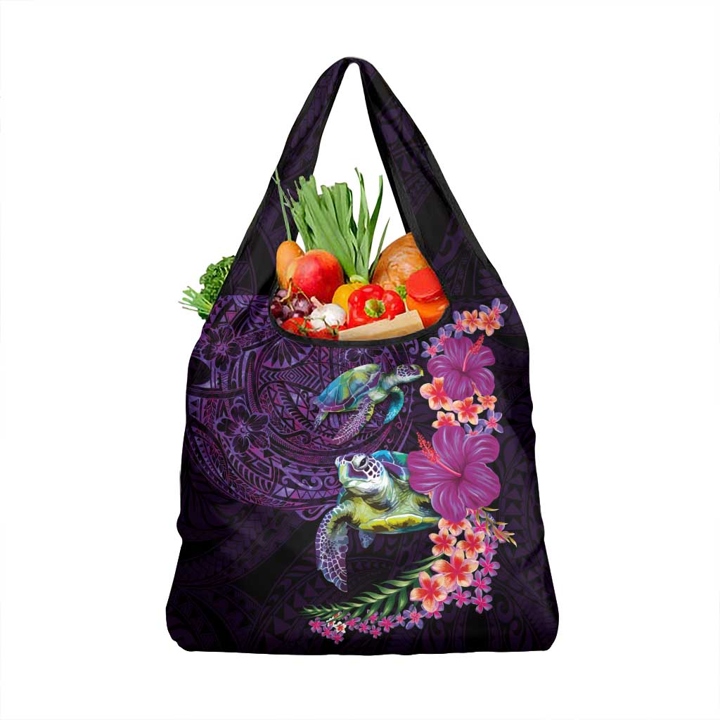 Hawaiian Plumeria and Hibiscus with Turtles Grocery Bag Polynesian Art Purple Color - Polynesian Pride