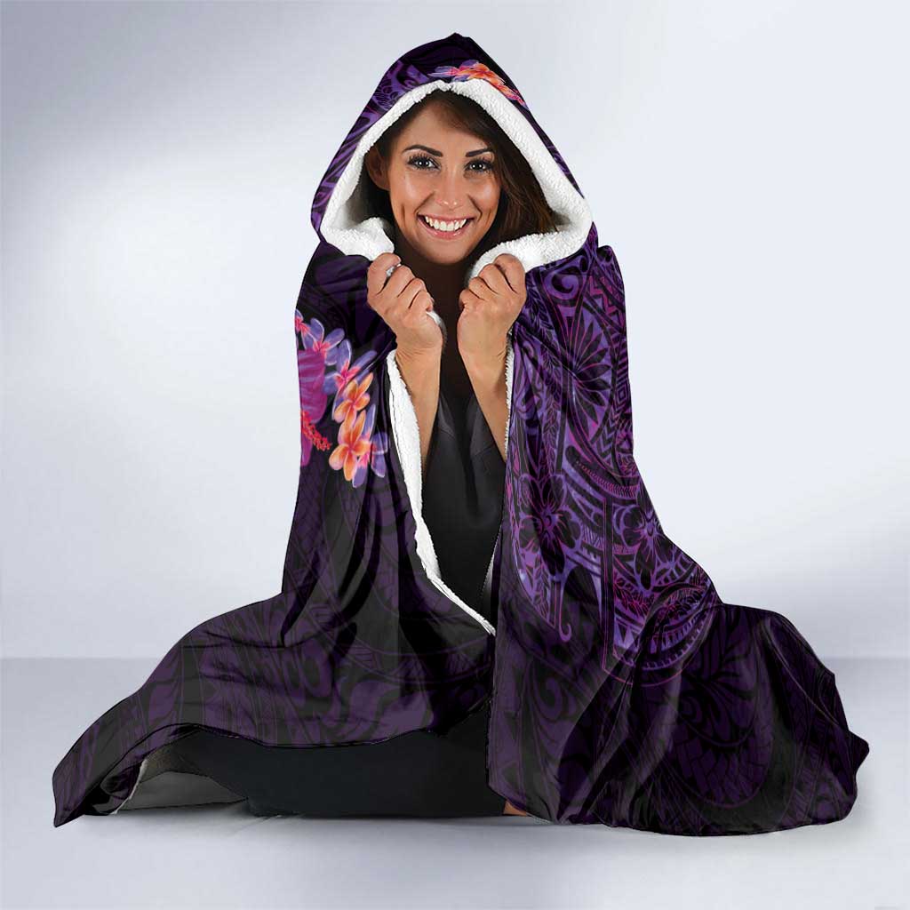 Hawaiian Plumeria and Hibiscus with Turtles Hooded Blanket Polynesian Art Purple Color - Polynesian Pride