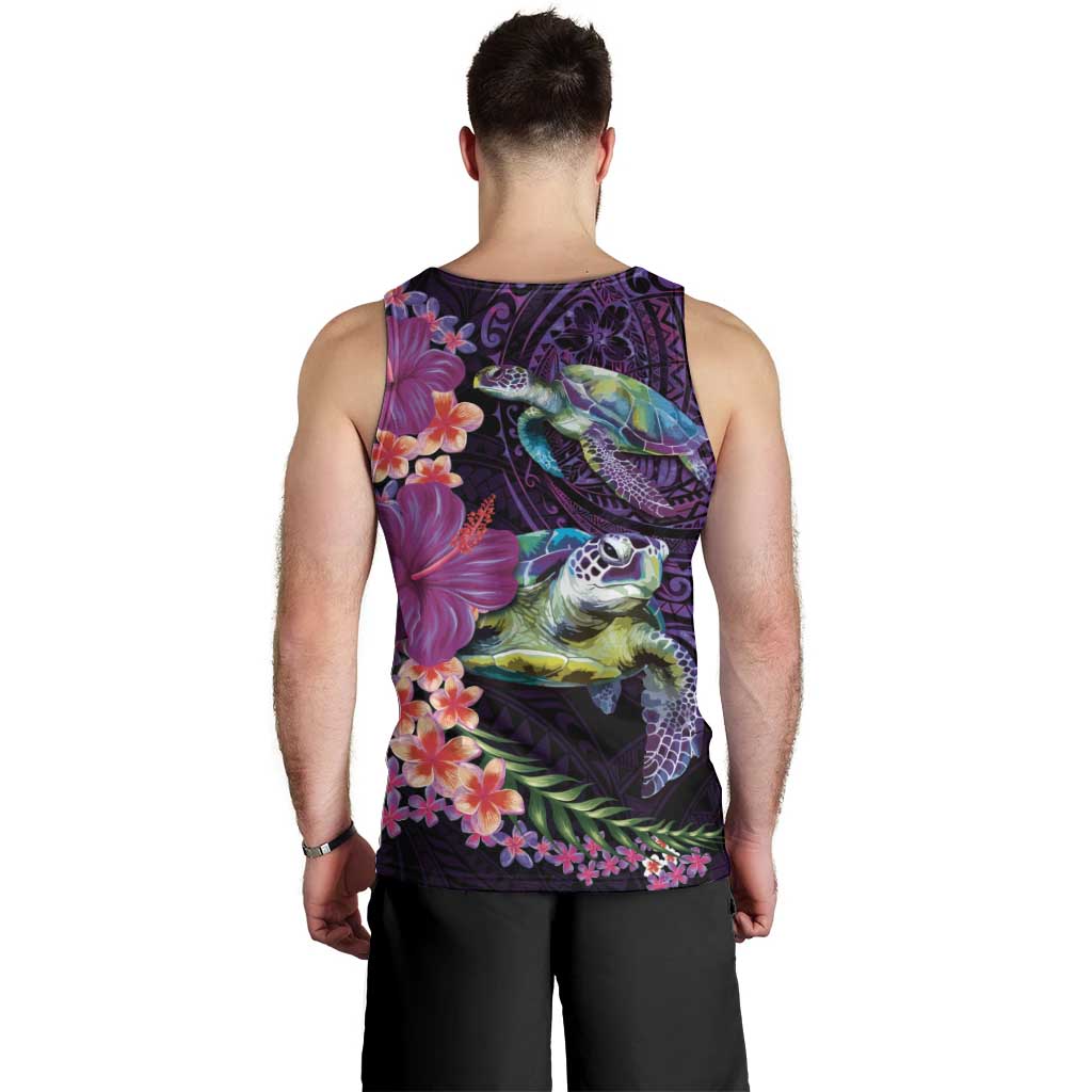 Hawaiian Plumeria and Hibiscus with Turtles Men Tank Top Polynesian Art Purple Color - Polynesian Pride