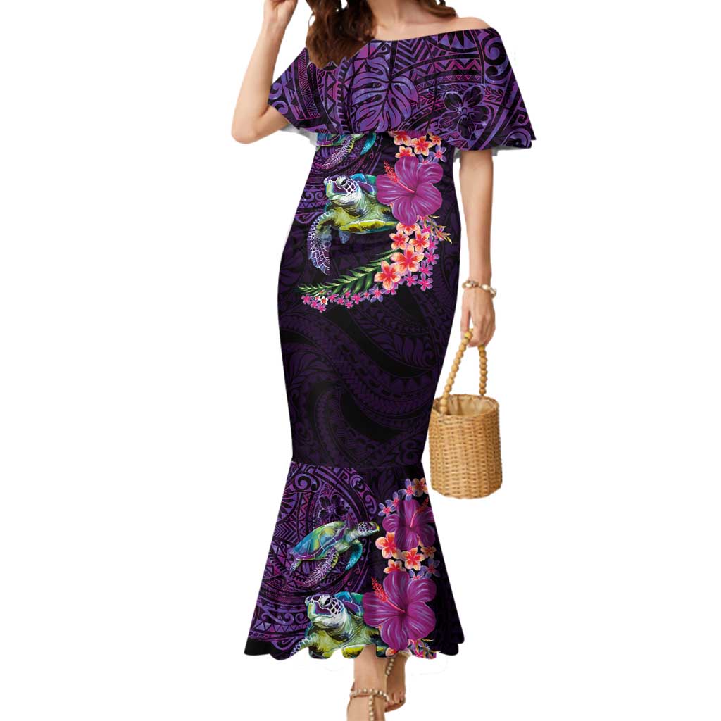 Hawaiian Plumeria and Hibiscus with Turtles Mermaid Dress Polynesian Art Purple Color - Polynesian Pride