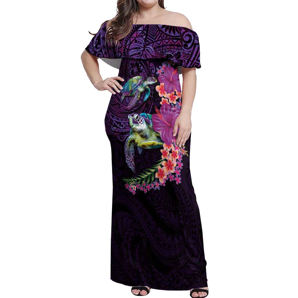 Hawaiian Plumeria and Hibiscus with Turtles Off Shoulder Maxi Dress Polynesian Art Purple Color - Polynesian Pride