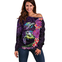 Hawaiian Plumeria and Hibiscus with Turtles Off Shoulder Sweater Polynesian Art Purple Color - Polynesian Pride
