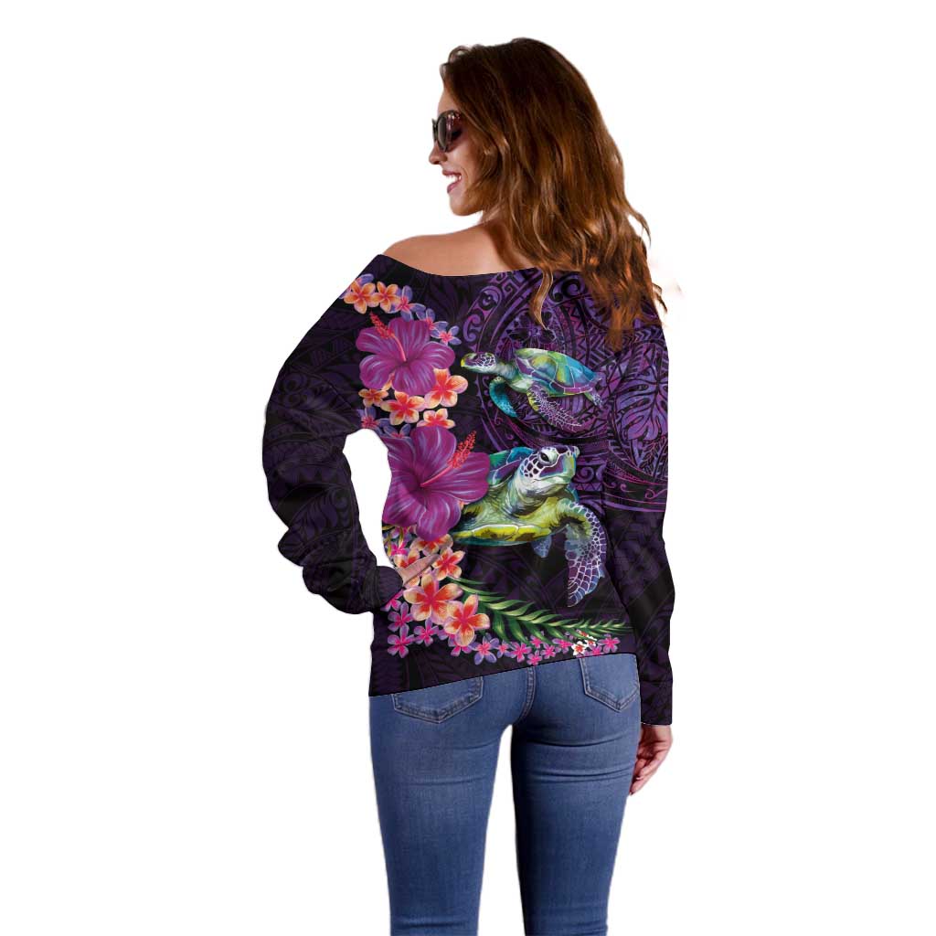 Hawaiian Plumeria and Hibiscus with Turtles Off Shoulder Sweater Polynesian Art Purple Color - Polynesian Pride