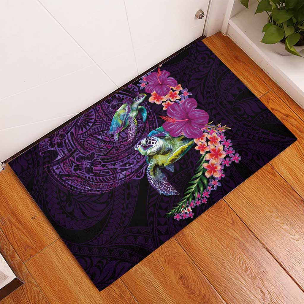 Hawaiian Plumeria and Hibiscus with Turtles Rubber Doormat Polynesian Art Purple Color - Polynesian Pride