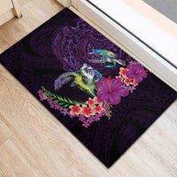 Hawaiian Plumeria and Hibiscus with Turtles Rubber Doormat Polynesian Art Purple Color - Polynesian Pride