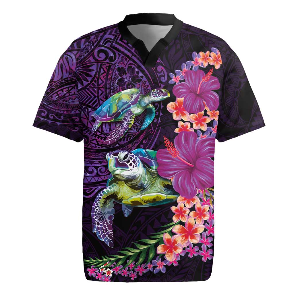 Hawaiian Plumeria and Hibiscus with Turtles Rugby Jersey Polynesian Art Purple Color - Polynesian Pride