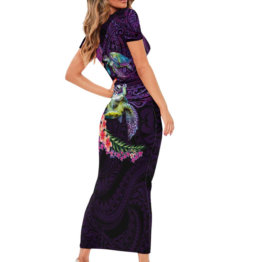 Hawaiian Plumeria and Hibiscus with Turtles Short Sleeve Bodycon Dress Polynesian Art Purple Color - Polynesian Pride