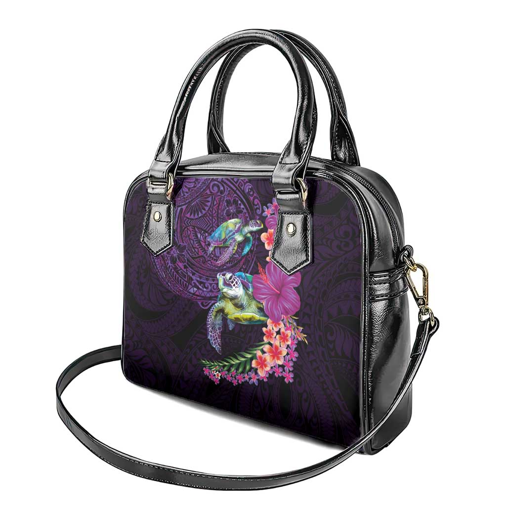 Hawaiian Plumeria and Hibiscus with Turtles Shoulder Handbag Polynesian Art Purple Color - Polynesian Pride