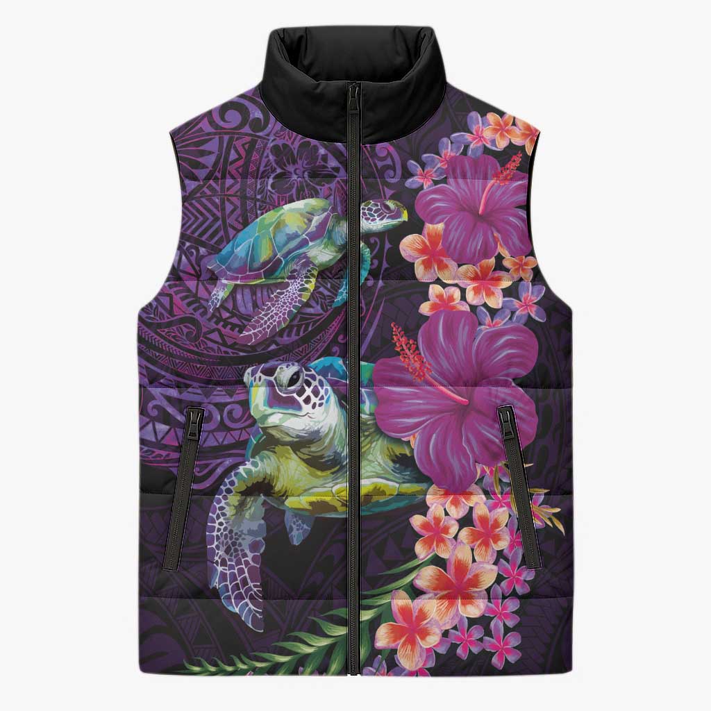 Hawaiian Plumeria and Hibiscus with Turtles Sleeveless Puffer Jacket Polynesian Art Purple Color - Polynesian Pride