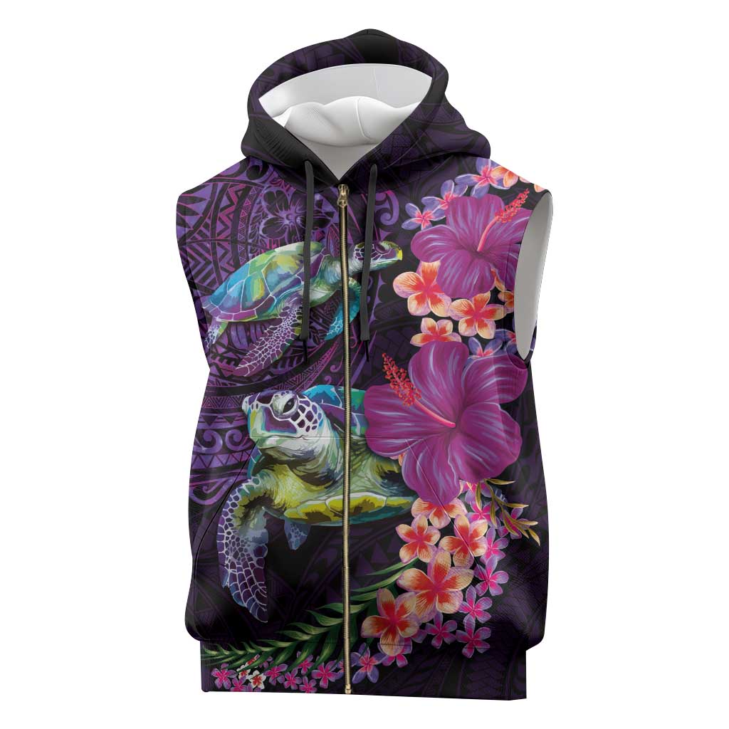 Hawaiian Plumeria and Hibiscus with Turtles Sleeveless Zip Hoodie Polynesian Art Purple Color - Polynesian Pride