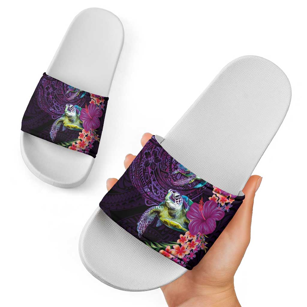 Hawaiian Plumeria and Hibiscus with Turtles Slide Sandals Polynesian Art Purple Color - Polynesian Pride