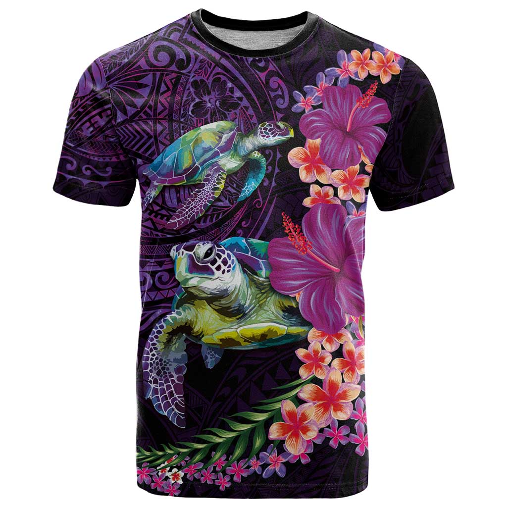 Hawaiian Plumeria and Hibiscus with Turtles T Shirt Polynesian Art Purple Color - Polynesian Pride