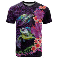 Hawaiian Plumeria and Hibiscus with Turtles T Shirt Polynesian Art Purple Color - Polynesian Pride
