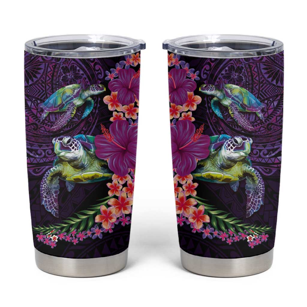 Hawaiian Plumeria and Hibiscus with Turtles Tumbler Cup Polynesian Art Purple Color - Polynesian Pride