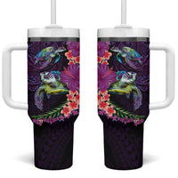 Hawaiian Plumeria and Hibiscus with Turtles Tumbler With Handle Polynesian Art Purple Color - Polynesian Pride