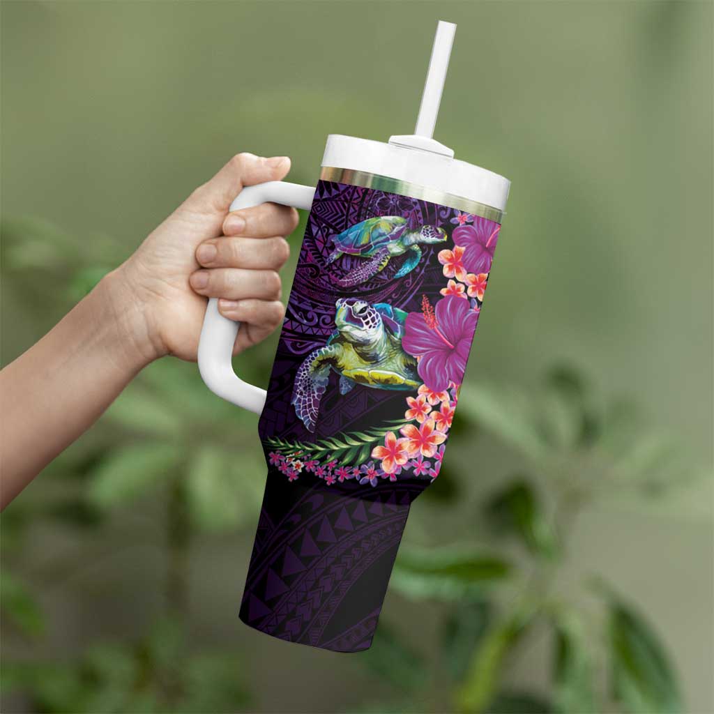 Hawaiian Plumeria and Hibiscus with Turtles Tumbler With Handle Polynesian Art Purple Color - Polynesian Pride