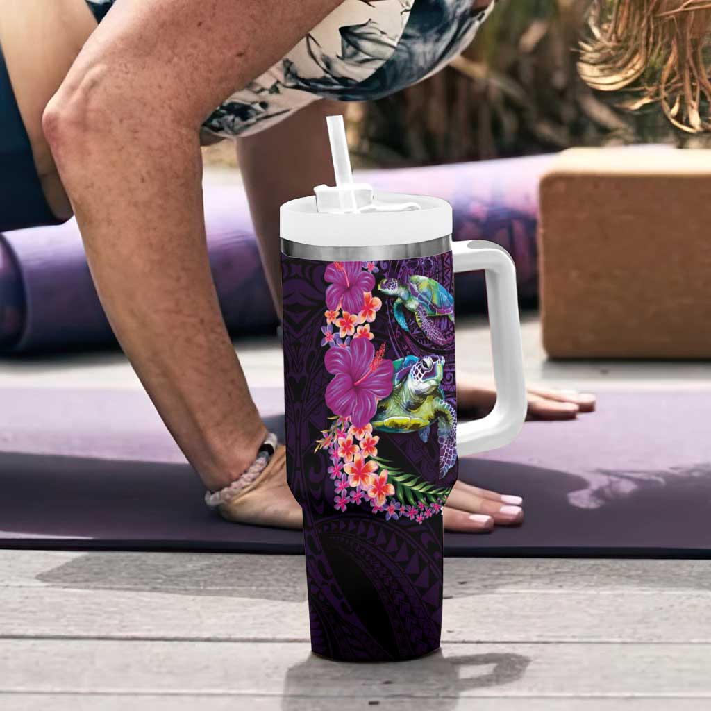 Hawaiian Plumeria and Hibiscus with Turtles Tumbler With Handle Polynesian Art Purple Color - Polynesian Pride