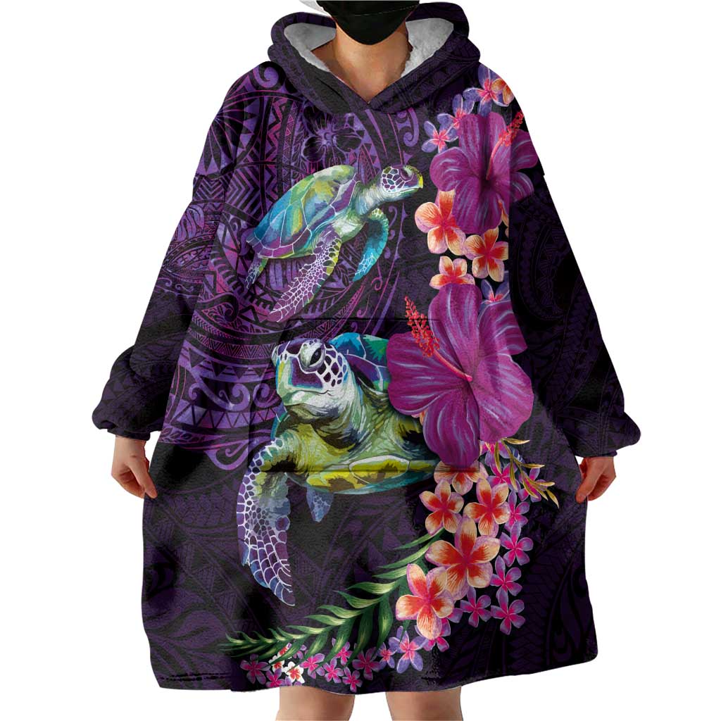 Hawaiian Plumeria and Hibiscus with Turtles Wearable Blanket Hoodie Polynesian Art Purple Color - Polynesian Pride