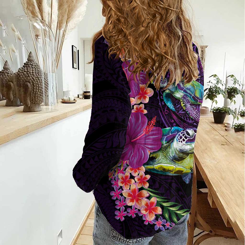 Hawaiian Plumeria and Hibiscus with Turtles Women Casual Shirt Polynesian Art Purple Color - Polynesian Pride