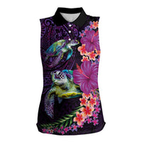 Hawaiian Plumeria and Hibiscus with Turtles Women Sleeveless Polo Shirt Polynesian Art Purple Color - Polynesian Pride