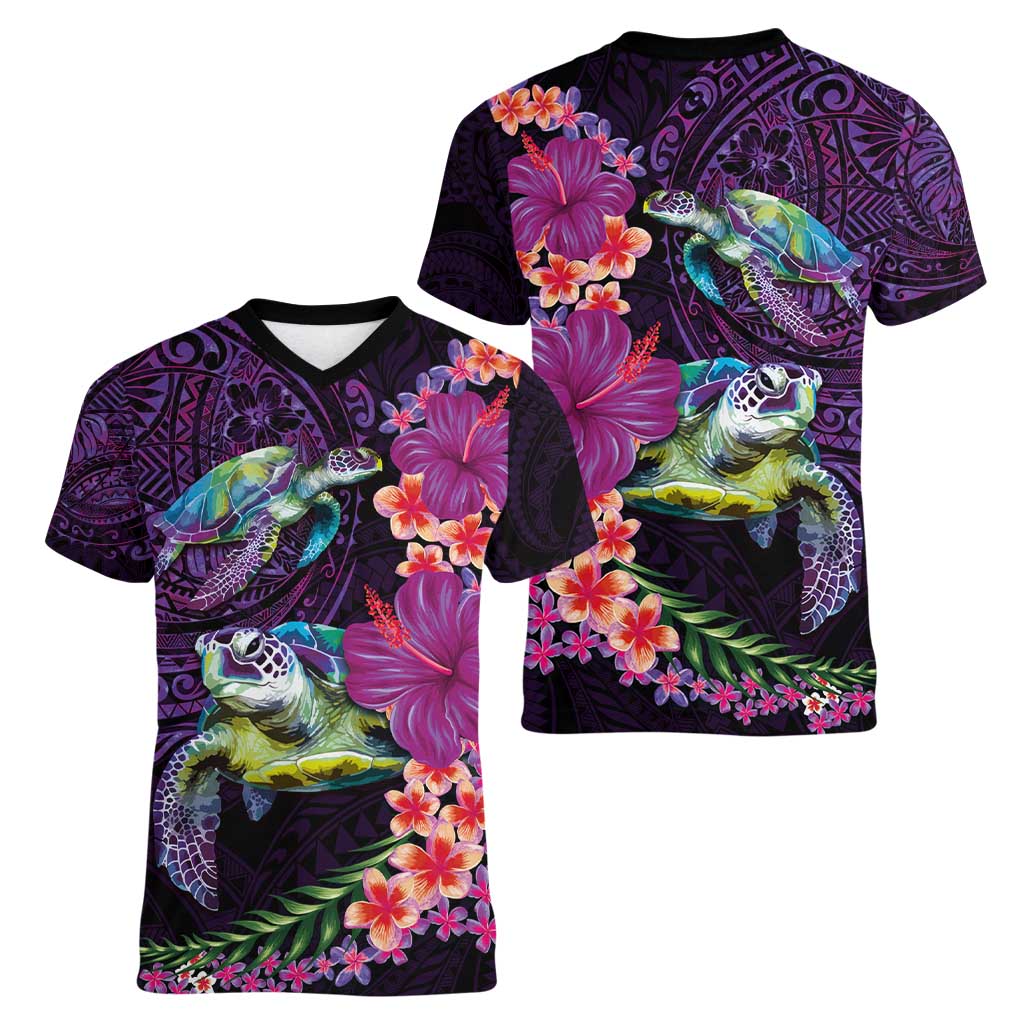 Hawaiian Plumeria and Hibiscus with Turtles Women V-Neck T-Shirt Polynesian Art Purple Color - Polynesian Pride