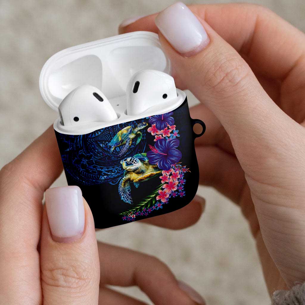 Hawaiian Plumeria and Hibiscus with Turtles AirPods Case Polynesian Art Dark Cyan Color - Polynesian Pride