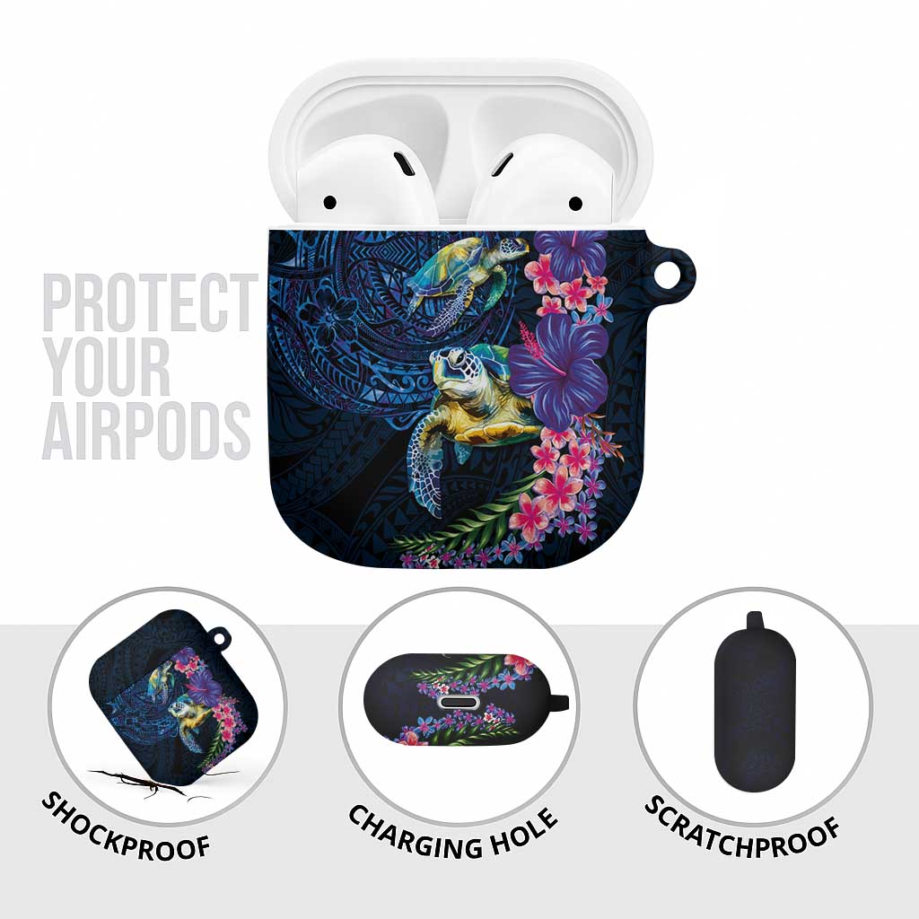 Hawaiian Plumeria and Hibiscus with Turtles AirPods Case Polynesian Art Dark Cyan Color - Polynesian Pride