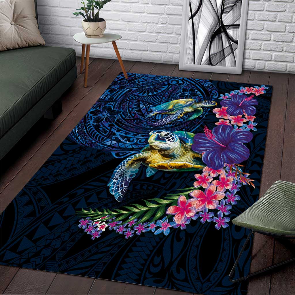 Hawaiian Plumeria and Hibiscus with Turtles Area Rug Polynesian Art Dark Cyan Color - Polynesian Pride