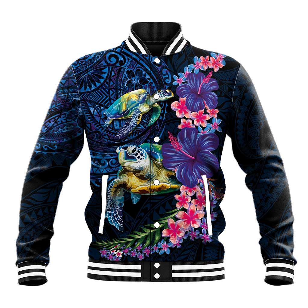 Hawaiian Plumeria and Hibiscus with Turtles Baseball Jacket Polynesian Art Dark Cyan Color - Polynesian Pride
