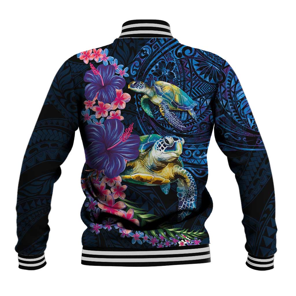 Hawaiian Plumeria and Hibiscus with Turtles Baseball Jacket Polynesian Art Dark Cyan Color - Polynesian Pride