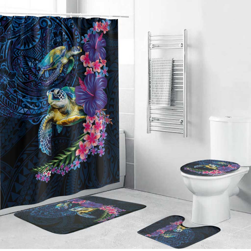 Hawaiian Plumeria and Hibiscus with Turtles Bathroom Set Polynesian Art Dark Cyan Color - Polynesian Pride
