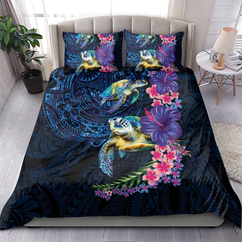 Hawaiian Plumeria and Hibiscus with Turtles Bedding Set Polynesian Art Dark Cyan Color - Polynesian Pride