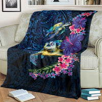Hawaiian Plumeria and Hibiscus with Turtles Blanket Polynesian Art Dark Cyan Color - Polynesian Pride